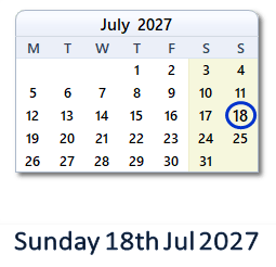 18 July 2027 calendar