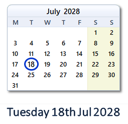 18 July 2028 calendar
