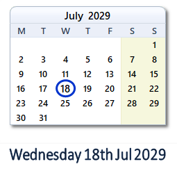 18 July 2029 calendar