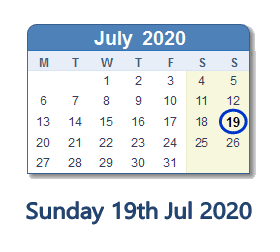 19 July 2020 calendar