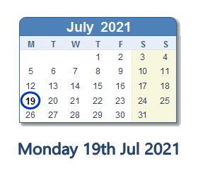 19 July 2021 calendar