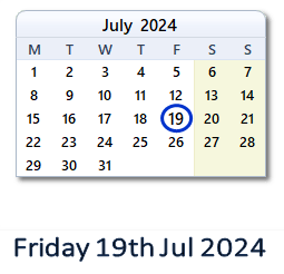 19 July 2024 calendar
