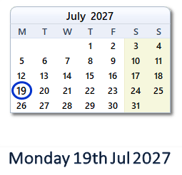 19 July 2027 calendar
