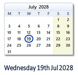 19 July 2028 calendar