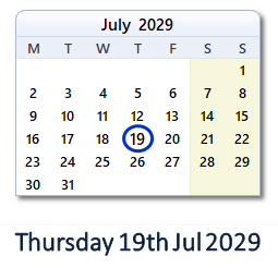 19 July 2029 calendar
