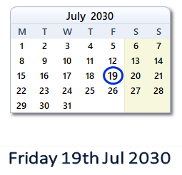 19 July 2030 calendar