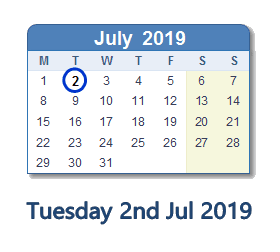 2 July 2019 calendar