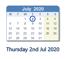 2 July 2020 calendar