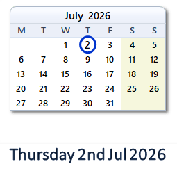 2 July 2026 calendar