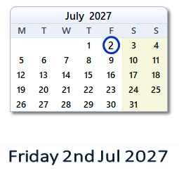 2 July 2027 calendar