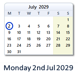 2 July 2029 calendar