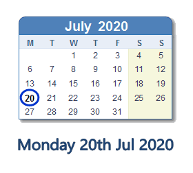 20 July 2020 calendar