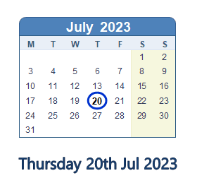 20 July 2023 calendar