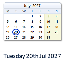 20 July 2027 calendar
