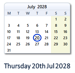 20 July 2028 calendar