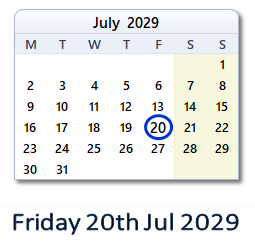 20 July 2029 calendar