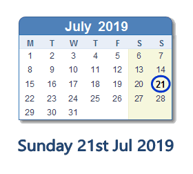 21 July 2019 calendar
