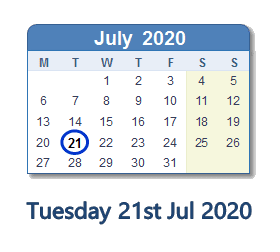 21 July 2020 calendar
