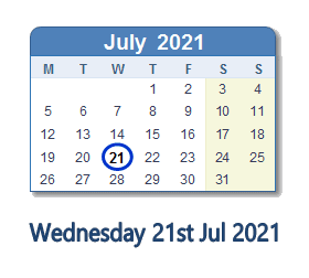 21 July 2021 calendar