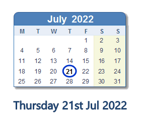 21 July 2022 calendar