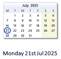 21 July 2025 calendar