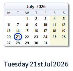 21 July 2026 calendar