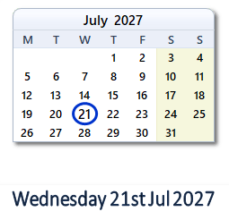 21 July 2027 calendar