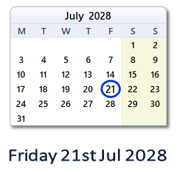 21 July 2028 calendar