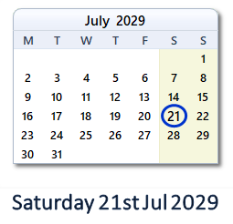 21 July 2029 calendar