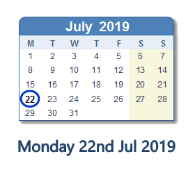 22 July 2019 calendar