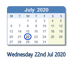 22 July 2020 calendar