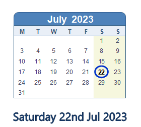 22 July 2023 calendar