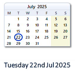 22 July 2025 calendar