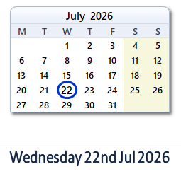 22 July 2026 calendar