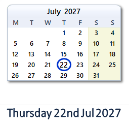 22 July 2027 calendar