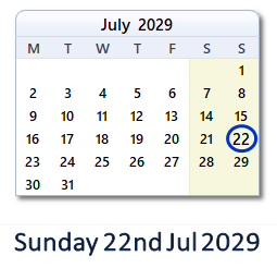 22 July 2029 calendar
