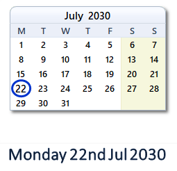 22 July 2030 calendar