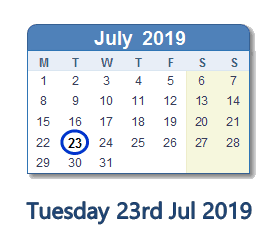 23 July 2019 calendar