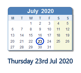 23 July 2020 calendar