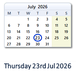 23 July 2026 calendar