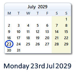 23 July 2029 calendar