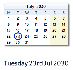 23 July 2030 calendar