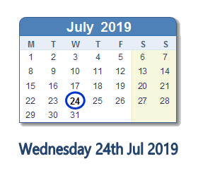 24 July 2019 calendar