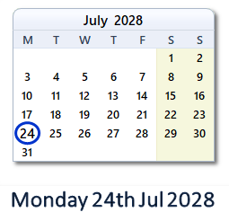 24 July 2028 calendar