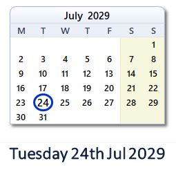 24 July 2029 calendar