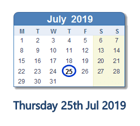 25 July 2019 calendar