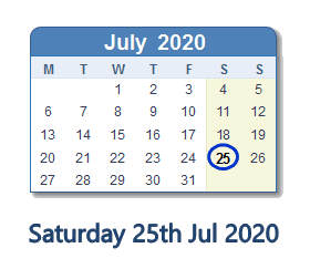 25 July 2020 calendar