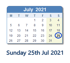 25 July 2021 calendar