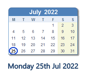 25 July 2022 calendar