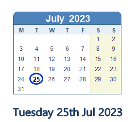 25 July 2023 calendar